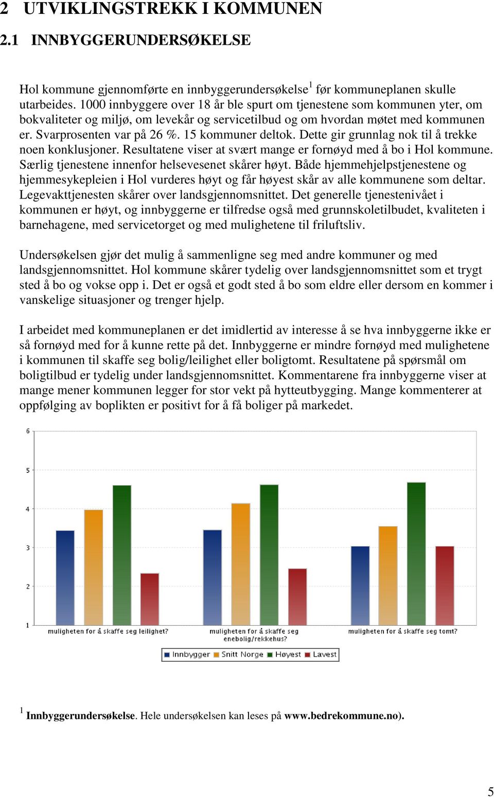 15 kommuner deltok. Dette gir grunnlag nok til å trekke noen konklusjoner. Resultatene viser at svært mange er fornøyd med å bo i Hol kommune. Særlig tjenestene innenfor helsevesenet skårer høyt.