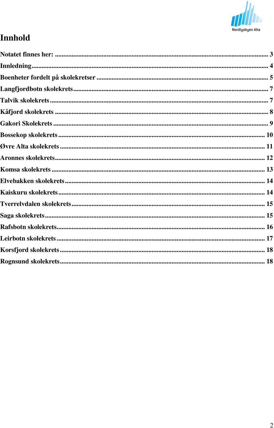 .. 11 Aronnes skolekrets... 12 Komsa skolekrets... 13 Elvebakken skolekrets... 14 Kaiskuru skolekrets.