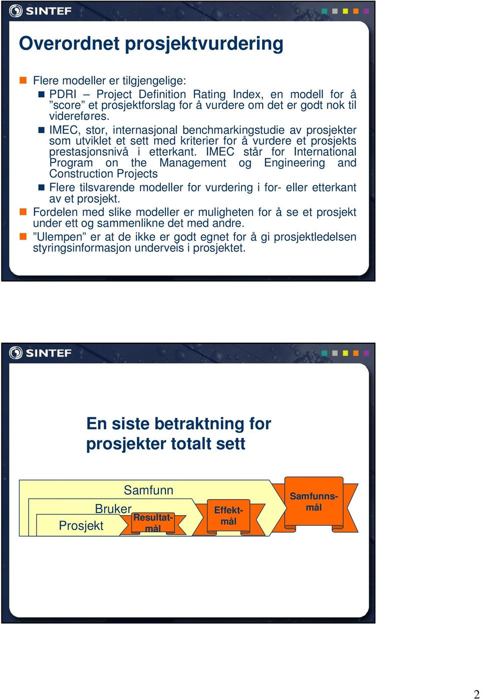 IMEC står for International Program on the Management og Engineering and Construction Projects Flere tilsvarende modeller for vurdering i for- eller etterkant av et prosjekt.