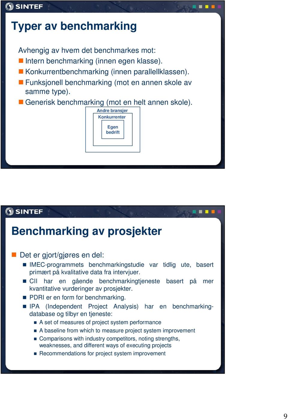 Andre bransjer Konkurrenter Egen bedrift Benchmarking av prosjekter Det er gjort/gjøres en del: IMEC-programmets benchmarkingstudie var tidlig ute, basert primært på kvalitative data fra intervjuer.