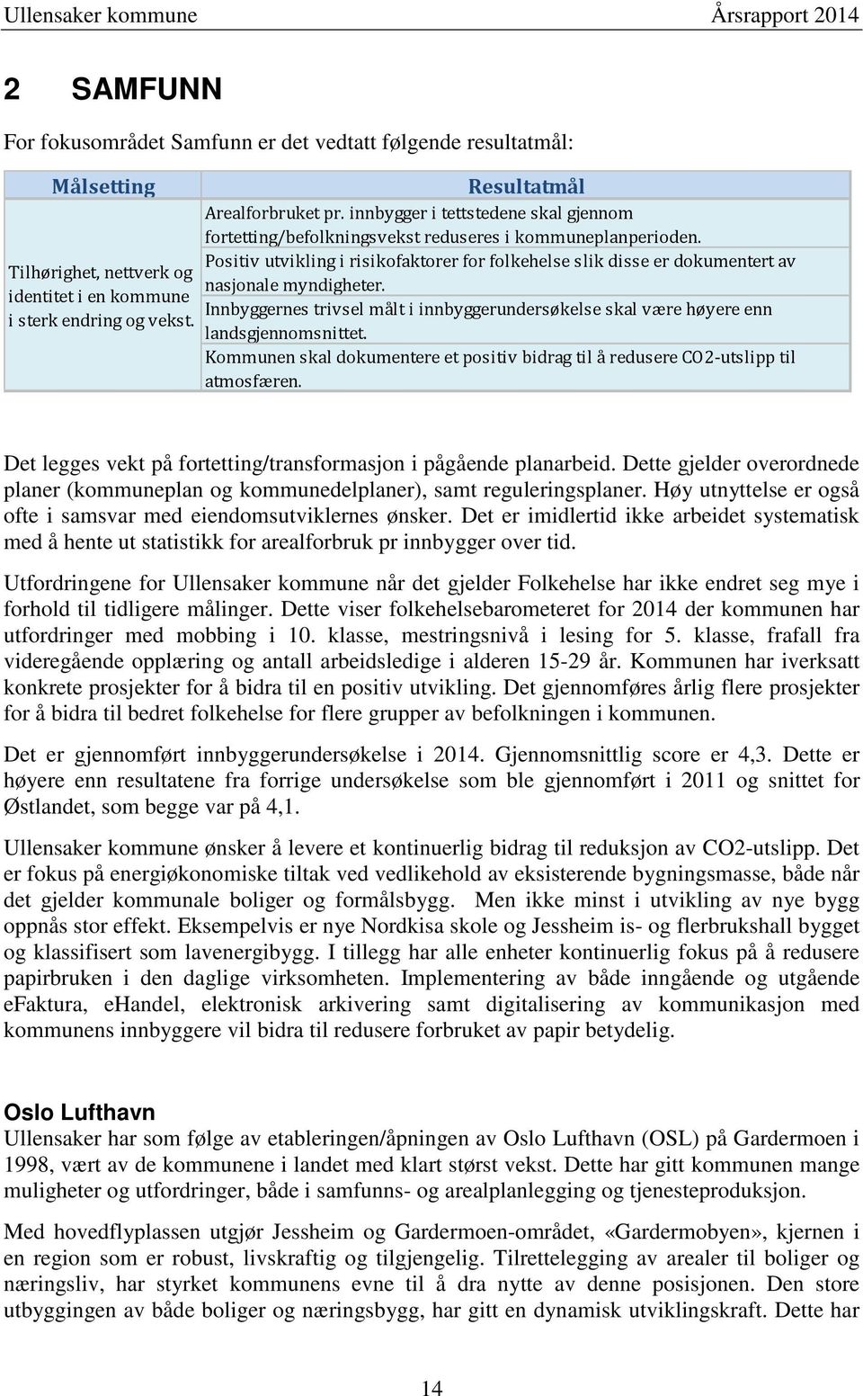 Innbyggernes trivsel målt i innbyggerundersøkelse skal være høyere enn landsgjennomsnittet. Kommunen skal dokumentere et positiv bidrag til å redusere CO2-utslipp til atmosfæren.