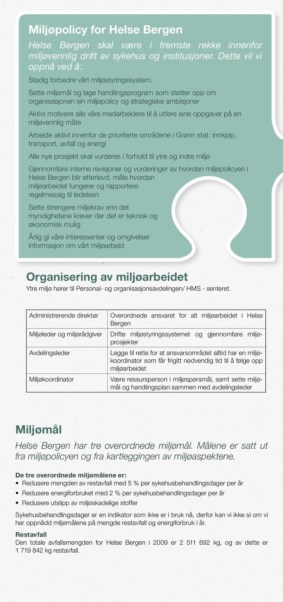 miljøvennlig måte Arbeide aktivt innenfor de prioriterte områdene i Grønn stat: innkjøp, transport, avfall og energi Alle nye prosjekt skal vurderes i forhold til ytre og indre miljø Gjennomføre