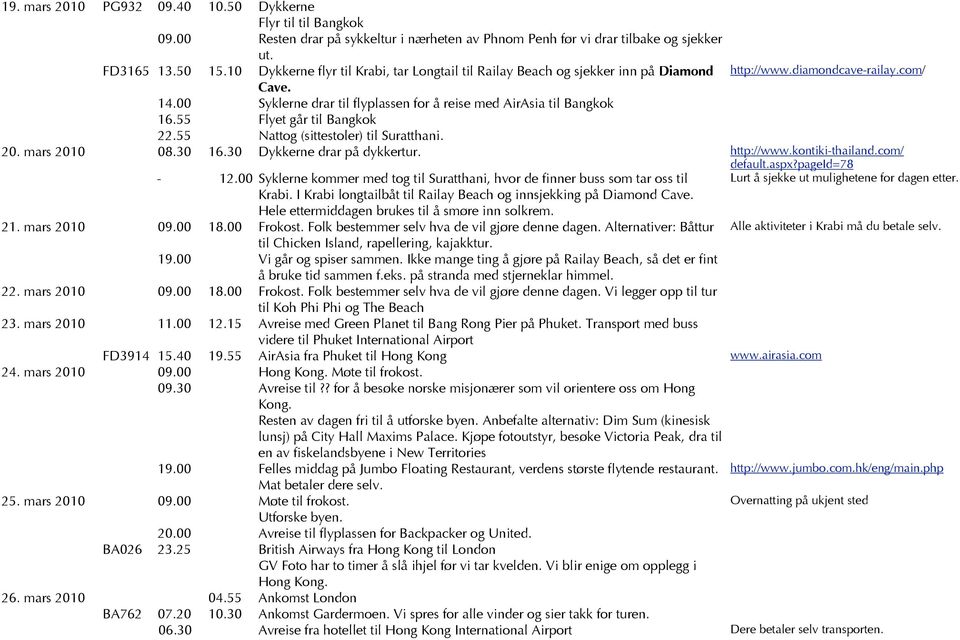 55 Flyet går til Bangkok 22.55 Nattog (sittestoler) til Suratthani. 20. mars 2010 08.30 16.30 Dykkerne drar på dykkertur. http://www.kontiki-thailand.com/ - 12.
