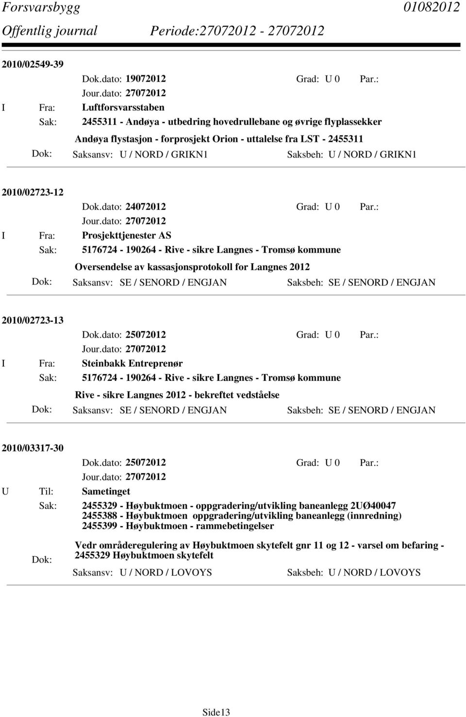 Saksbeh: U / NORD / GRIKN1 2010/02723-12 Dok.dato: 24072012 Grad: U 0 Par.