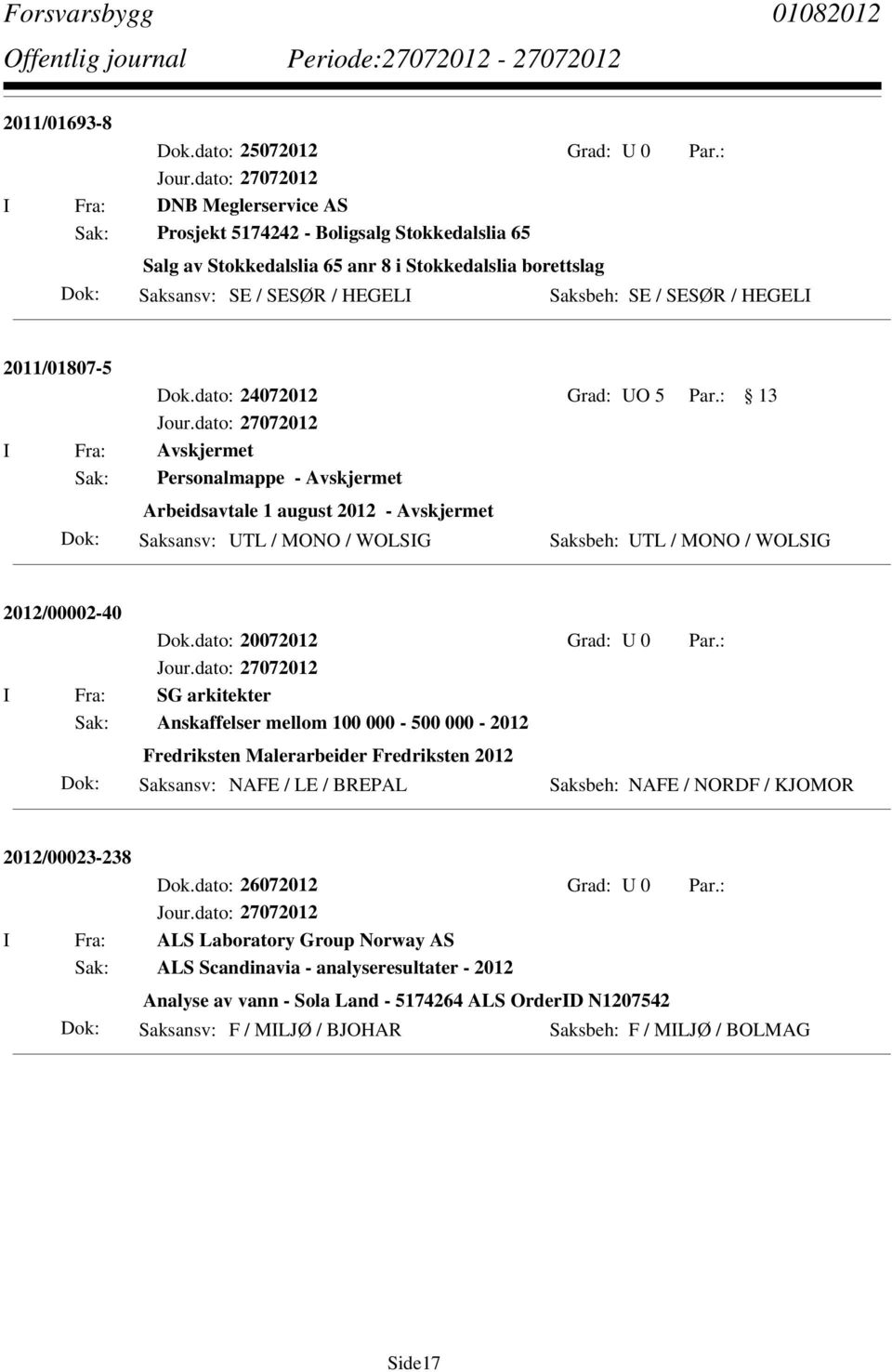 : 13 I Fra: Avskjermet Sak: Personalmappe - Avskjermet Arbeidsavtale 1 august 2012 - Avskjermet Saksansv: UTL / MONO / WOLSIG Saksbeh: UTL / MONO / WOLSIG 2012/00002-40 Dok.