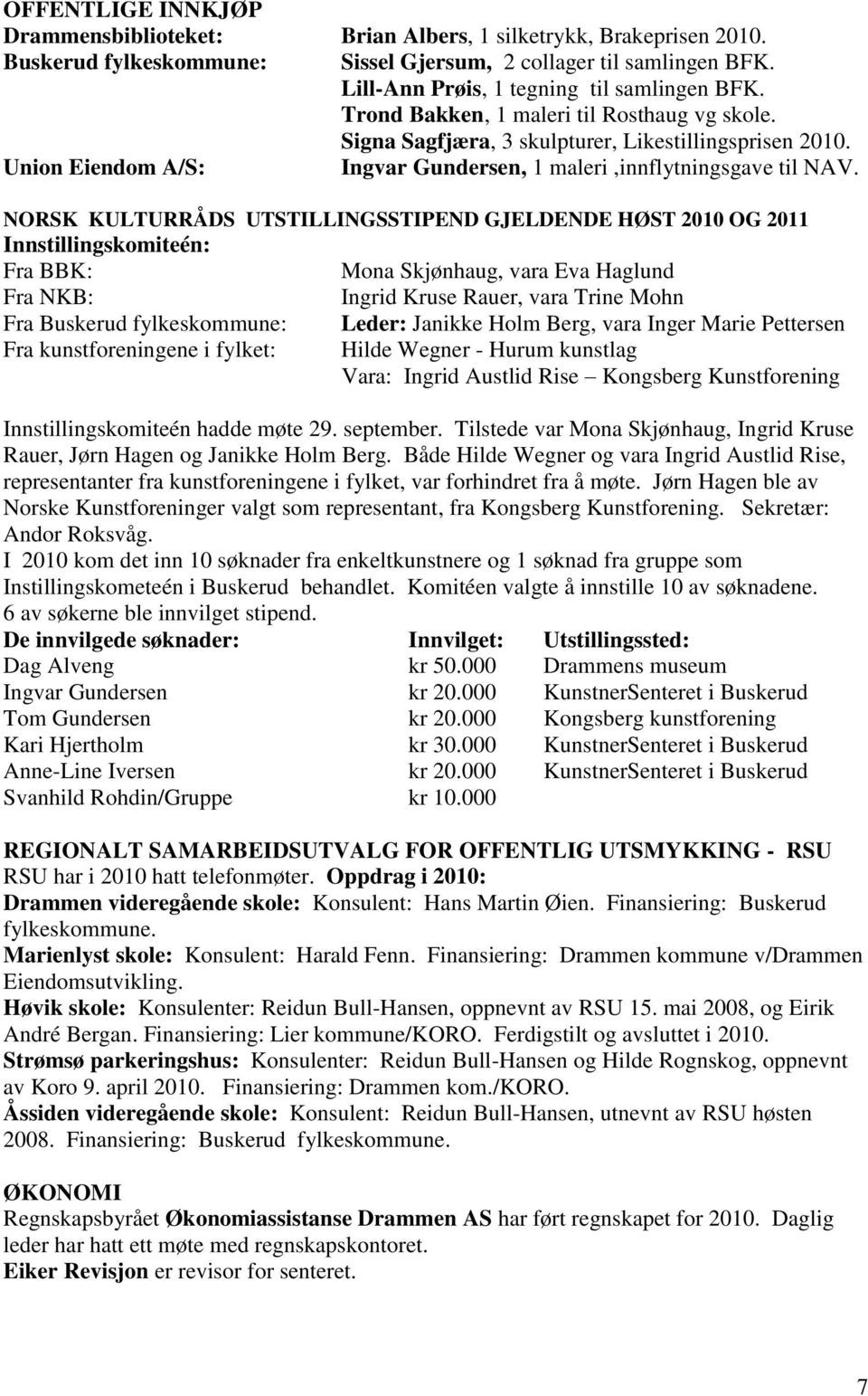 NORSK KULTURRÅDS UTSTILLINGSSTIPEND GJELDENDE HØST 2010 OG 2011 Innstillingskomiteén: Fra BBK: Mona Skjønhaug, vara Eva Haglund Fra NKB: Ingrid Kruse Rauer, vara Trine Mohn Fra Buskerud