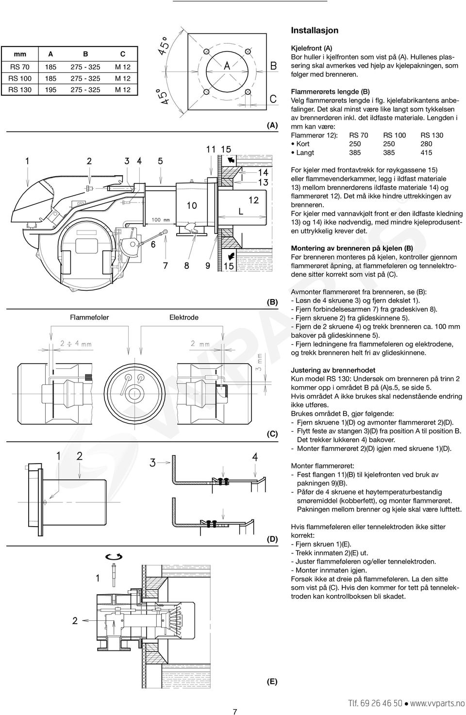 250 280 Langt 385 385 415 For kjeler med frontavtrekk for røykgassene 15) eller flamme venderkammer, legg i ildfast materiale 13) mellom brennerdørens ildfaste materiale 14) og flammerøret 12) Det må