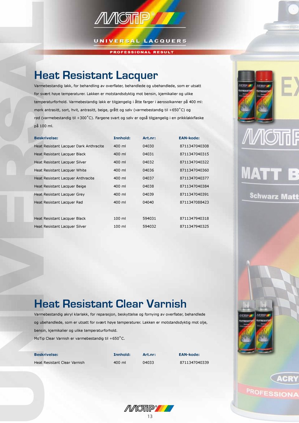 Varmebestandig lakk er tilgjengelig i åtte farger i aerosolkanner på 400 ml: mørk antrasitt, sort, hvit, antrasitt, beige, grått og sølv (varmebestandig til +650 C) og rød (varmebestandig til +300 C).