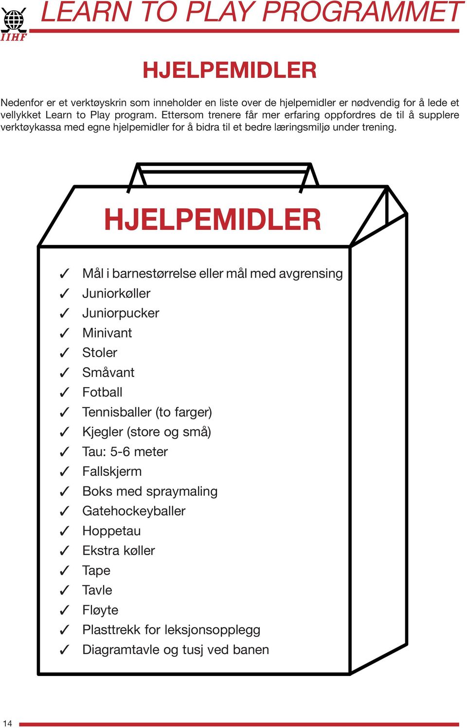 HJELPEMIDLER Mål i barnestørrelse eller mål med avgrensing Juniorkøller Juniorpucker Minivant Stoler Småvant Fotball Tennisballer (to farger) Kjegler (store