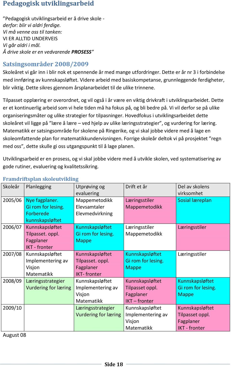 Dette er år nr 3 i forbindelse med innføring av kunnskapsløftet. Videre arbeid med basiskompetanse, grunnleggende ferdigheter, blir viktig. Dette sikres gjennom årsplanarbeidet til de ulike trinnene.