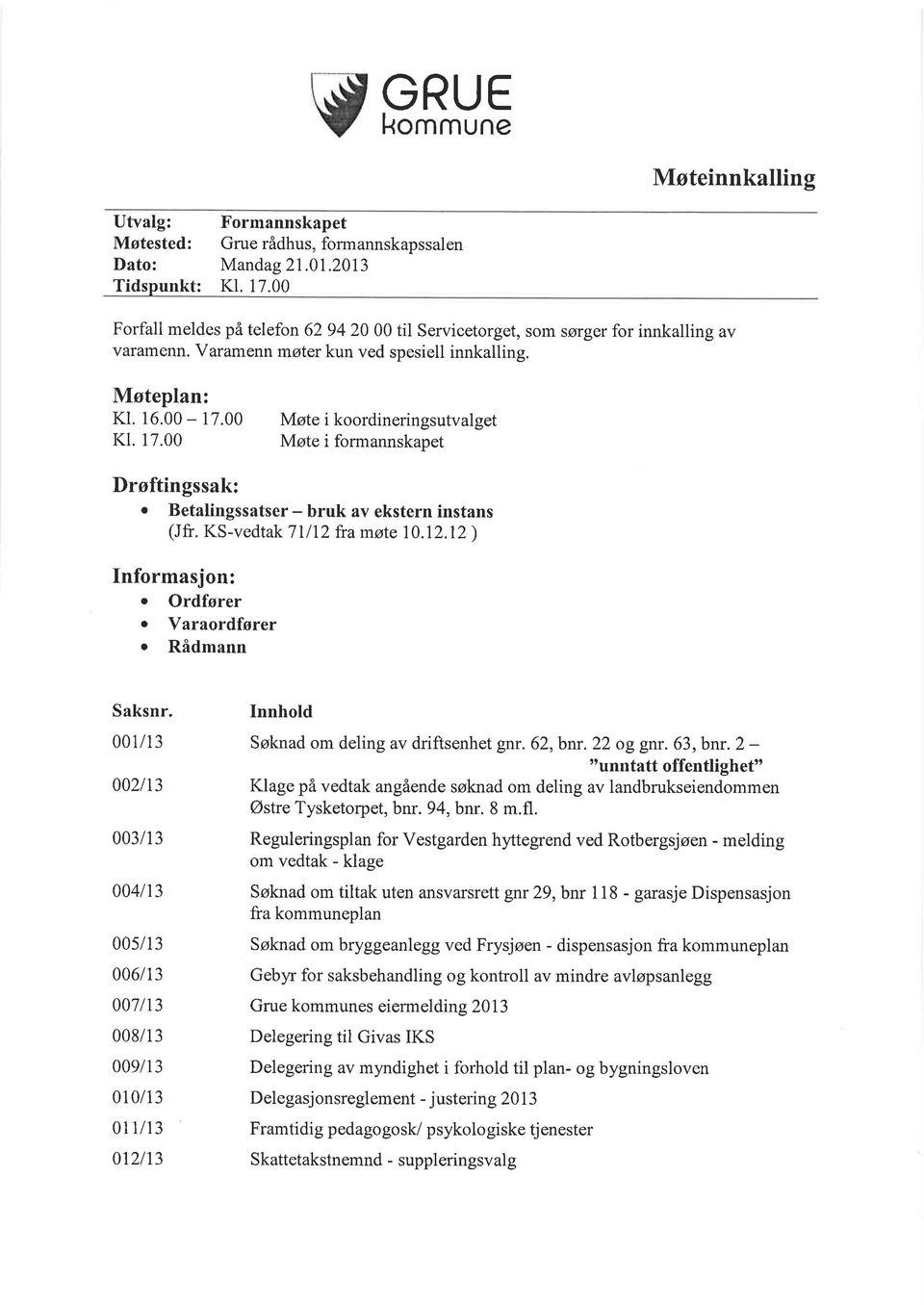 00 Møte i koordineringsutvalget Møte i formannskapet Drøftingssak: o Betalingssatser - bruk av ekstern instans (Jfr. KS-ve dtak 7 I I 12 fra møte 10.12.12 ) Informasjon:.