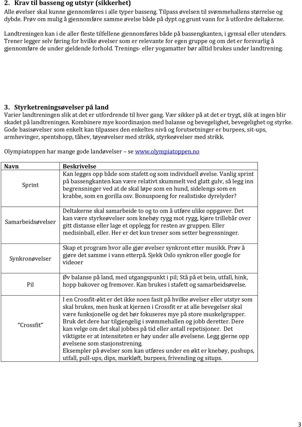 Landtreningen kan i de aller fleste tilfellene gjennomføres både på bassengkanten, i gymsal eller utendørs.