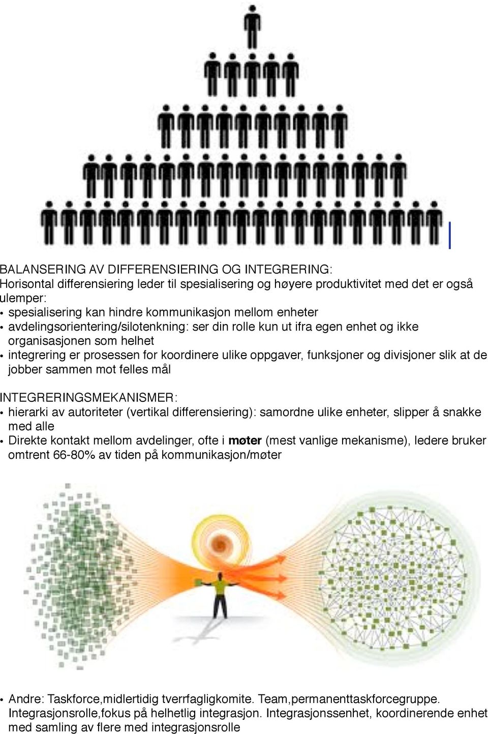 at de jobber sammen mot felles mål INTEGRERINGSMEKANISMER: hierarki av autoriteter (vertikal differensiering): samordne ulike enheter, slipper å snakke med alle Direkte kontakt mellom avdelinger,