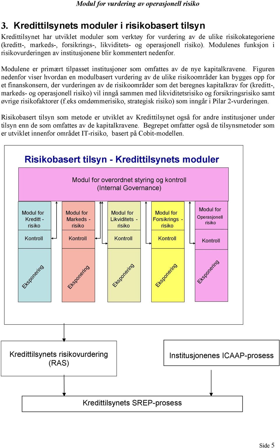 Figuren nedenfor viser hvordan en modulbasert vurdering av de ulike risikoområder kan bygges opp for et finanskonsern, der vurderingen av de risikoområder som det beregnes kapitalkrav for (kreditt-,