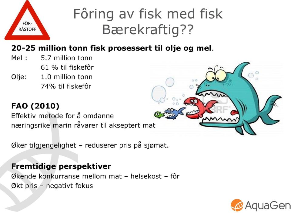 0 million tonn 74% til fiskefôr FAO (2010) Effektiv metode for å omdanne næringsrike marin råvarer