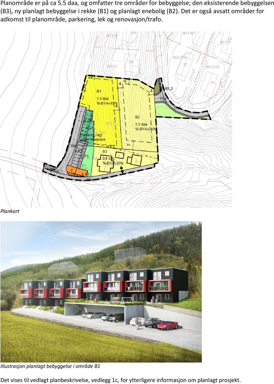 bebyggelse i rekke (B1) og planlagt enebolig (B2).