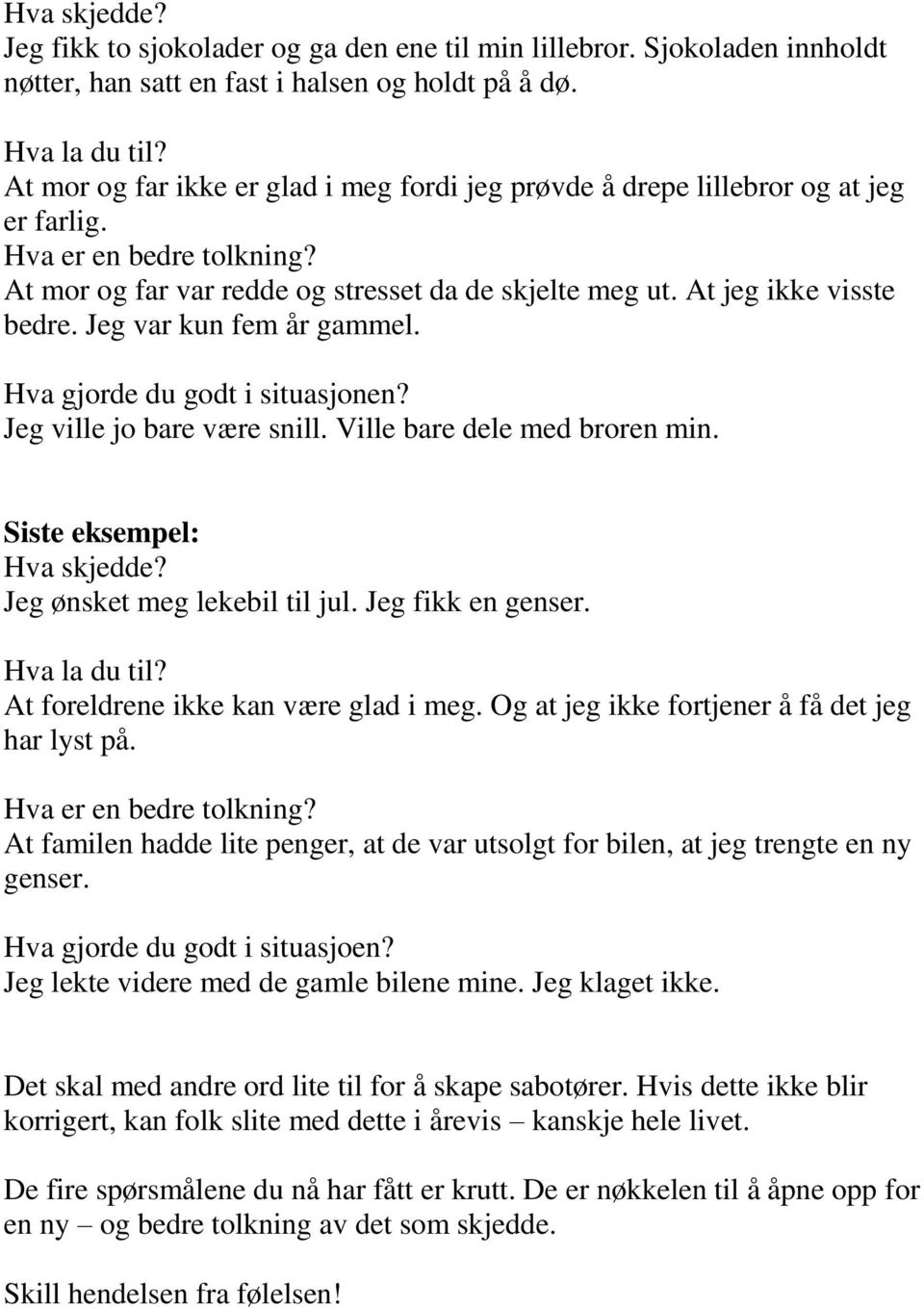 Jeg var kun fem år gammel. Hva gjorde du godt i situasjonen? Jeg ville jo bare være snill. Ville bare dele med broren min. Siste eksempel: Hva skjedde? Jeg ønsket meg lekebil til jul.