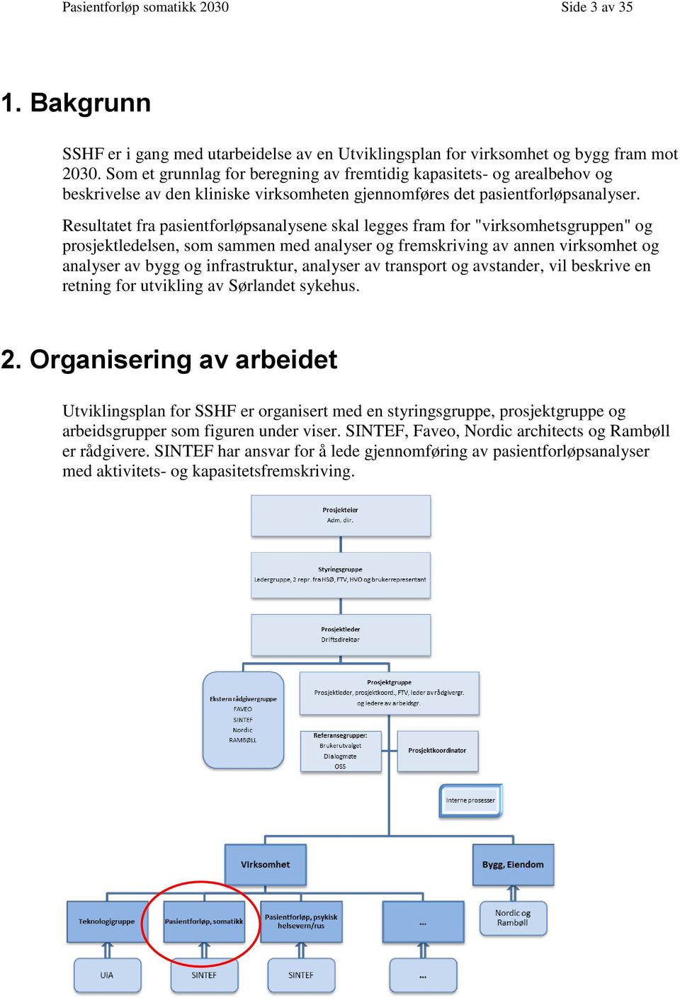 Resultatet fra pasientforløpsanalysene skal legges fram for "virksomhetsgruppen" og prosjektledelsen, som sammen med analyser og fremskriving av annen virksomhet og analyser av bygg og infrastruktur,