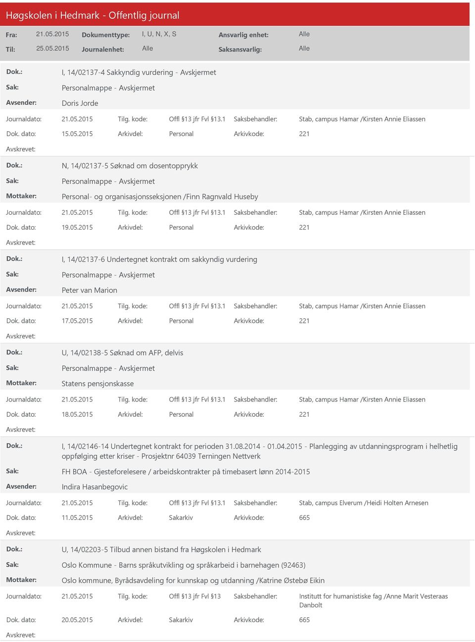 2015 Arkivdel: Personal I, 14/02137-6 ndertegnet kontrakt om sakkyndig vurdering Peter van Marion Dok. dato: 17.05.2015 Arkivdel: Personal, 14/02138-5 Søknad om AFP, delvis Statens pensjonskasse Dok.