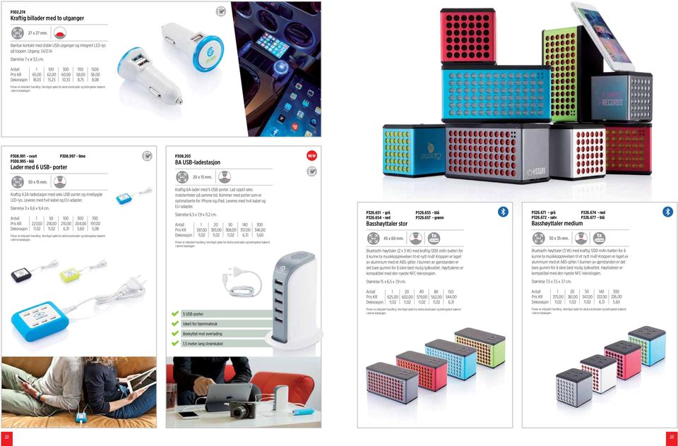 203 8A USB-ladestasjon NEW 50 x 5 mm. 20 x 5 mm. Kraftig 4.2A-ladestasjon med seks USB-porter og innebygde LED-lys. Leveres med hvit kabel og EU-adapter. Størrelse 3 x 6,6 x 9,4 cm.