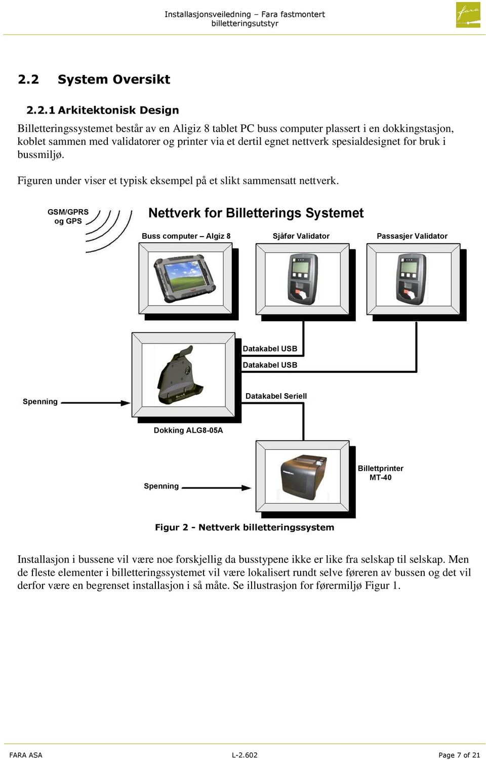 GSM/GPRS og GPS Nettverk for Billetterings Systemet Buss computer Algiz 8 Sjåfør Validator Passasjer Validator Datakabel USB Datakabel USB Spenning Datakabel Seriell Dokking ALG8-05A Spenning