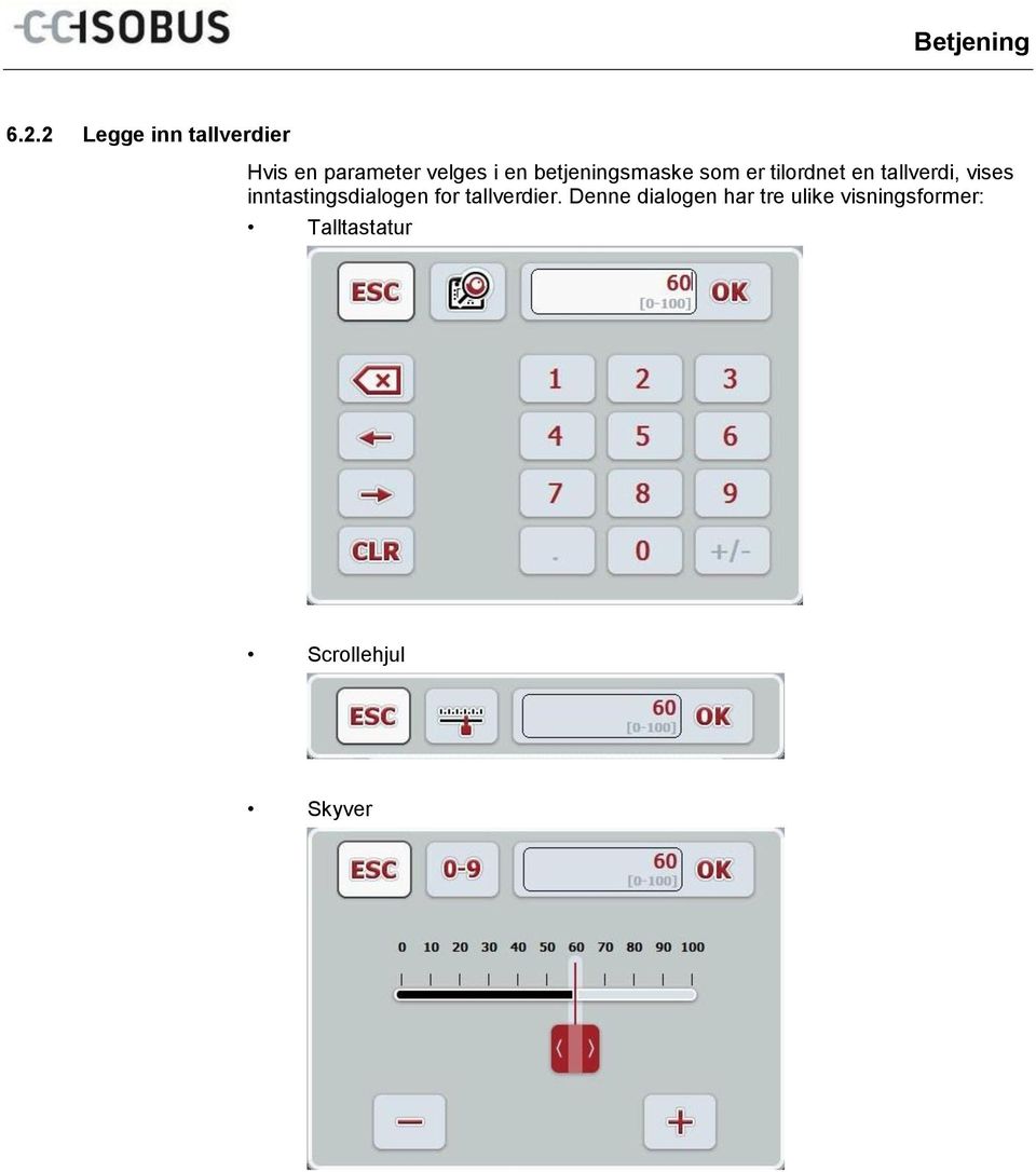 betjeningsmaske som er tilordnet en tallverdi, vises