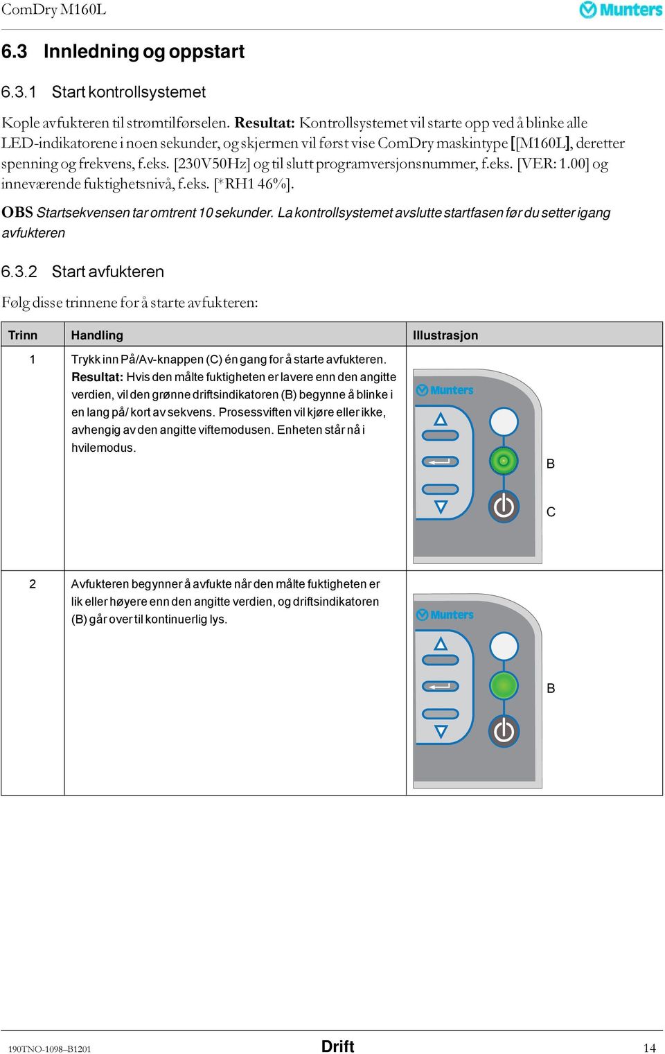 [230V50Hz] og til slutt programversjonsnummer, f.eks. [VER: 1.00] og inneværende fuktighetsnivå, f.eks. [*RH1 46%]. OBS Startsekvensen tar omtrent 10 sekunder.