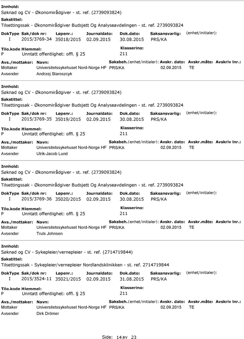 : Mottaker niversitetssykehuset Nord-Norge HF TE lrik-jacob Lund nnhold: 2015/3769-36 35020/2015 Avs./mottaker: Navn: Saksbeh. Avskr. dato: Avskr.måte: Avskriv lnr.