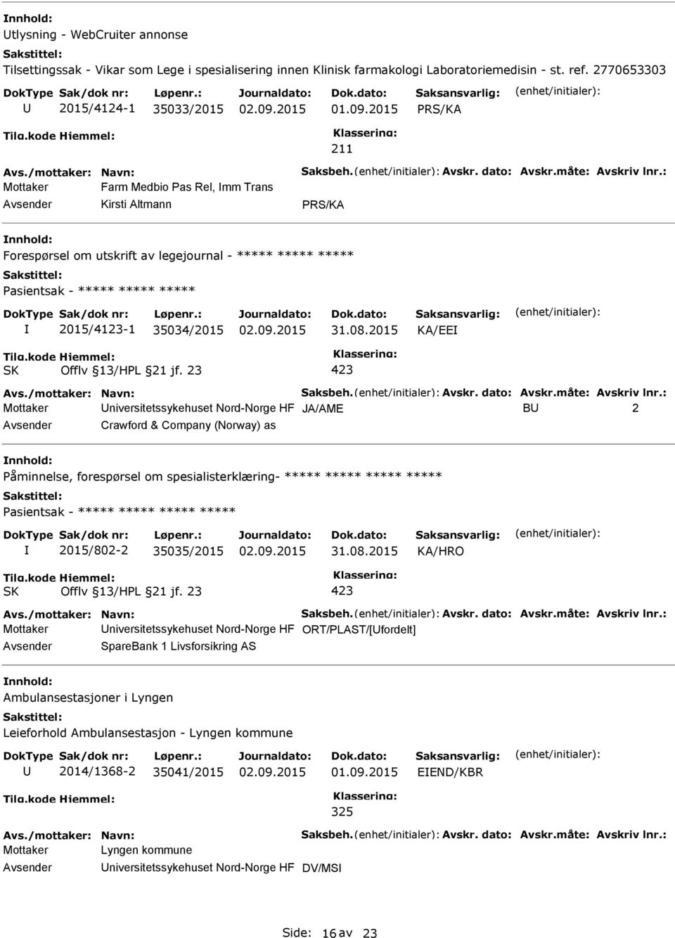 : Mottaker Farm Medbio as Rel, mm Trans Kirsti Altmann nnhold: Forespørsel om utskrift av legejournal - ***** ***** ***** asientsak - ***** ***** ***** 2015/4123-1 35034/2015 KA/EE Offlv 13/HL 21 jf.