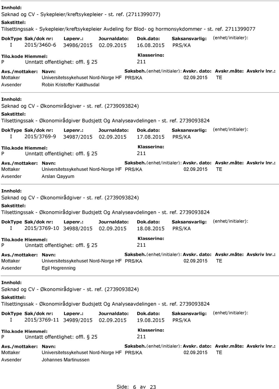 08.2015 Avs./mottaker: Navn: Saksbeh. Avskr. dato: Avskr.måte: Avskriv lnr.: Mottaker niversitetssykehuset Nord-Norge HF TE Egil Hogrenning nnhold: 2015/3769-11 34989/2015 19.08.2015 Avs./mottaker: Navn: Saksbeh. Avskr. dato: Avskr.måte: Avskriv lnr.: Mottaker niversitetssykehuset Nord-Norge HF TE Johannes Martinussen Side: 6 av 23