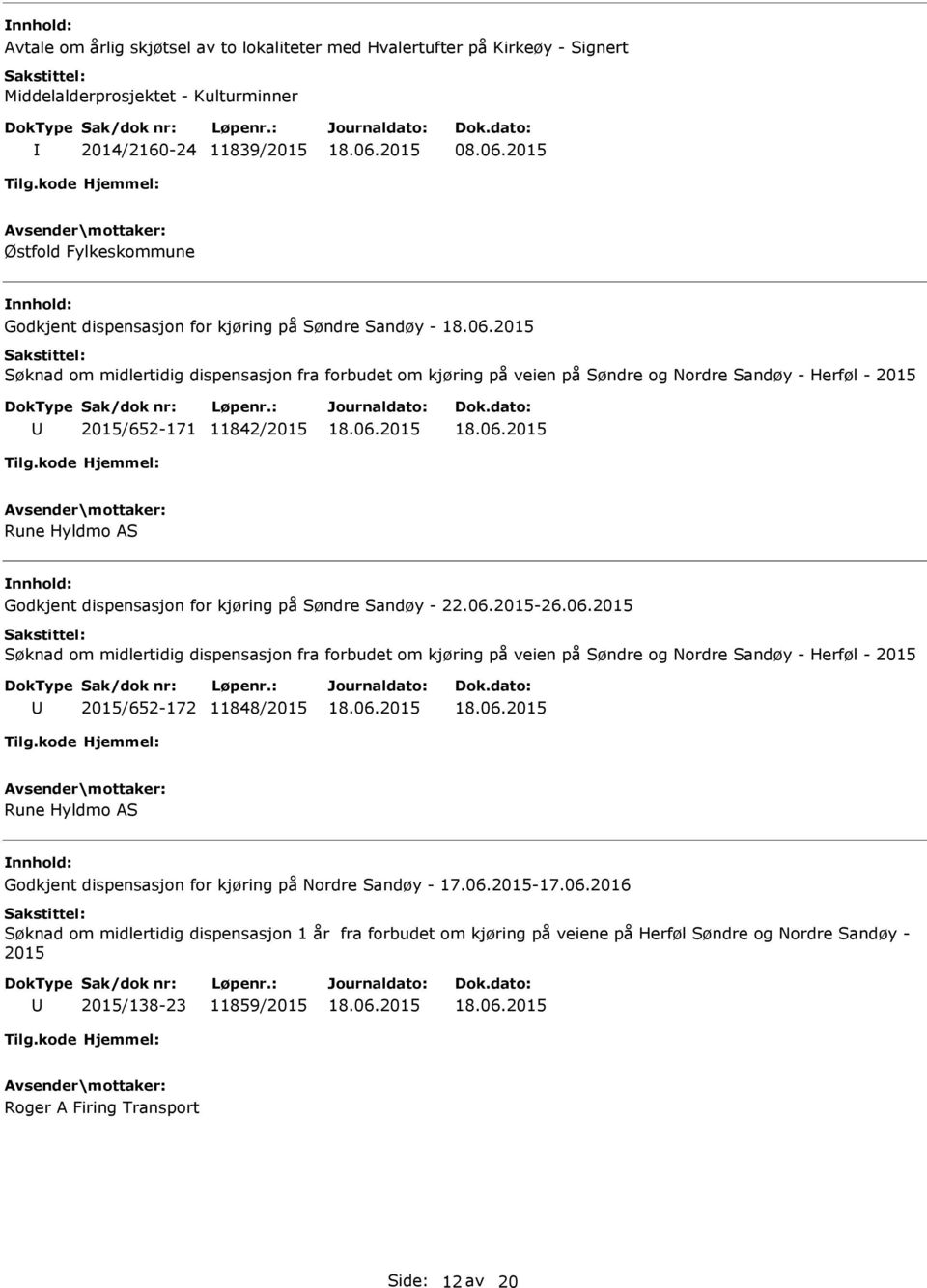 2015/652-171 11842/2015 Rune Hyldmo AS nnhold: Godkjent dispensasjon for kjøring på Søndre Sandøy - 22.06.