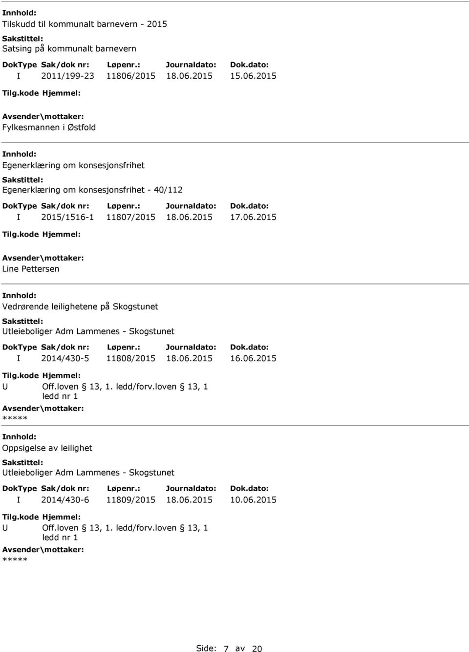 leilighetene på Skogstunet tleieboliger Adm Lammenes - Skogstunet 2014/430-5 11808/2015 Off.loven 13, 1. ledd/forv.