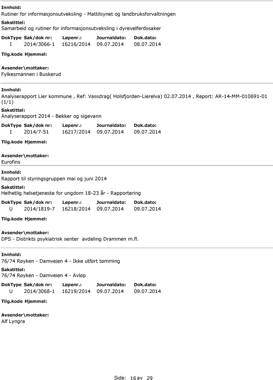 2014, Report: AR-14-MM-010691-01 (1/1) Analyserapport 2014 - Bekker og sigevann 2014/7-51 16217/2014 Eurofins Rapport til styringsgruppen mai og juni 2014 Helhetlig