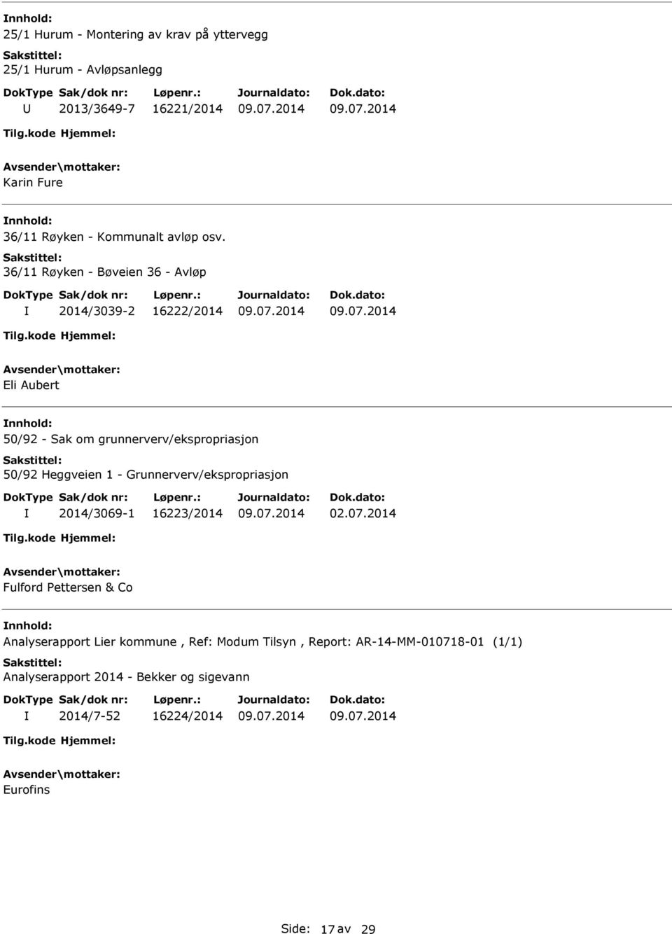 36/11 Røyken - Bøveien 36 - Avløp 2014/3039-2 16222/2014 Eli Aubert 50/92 - Sak om grunnerverv/ekspropriasjon 50/92 Heggveien 1 -