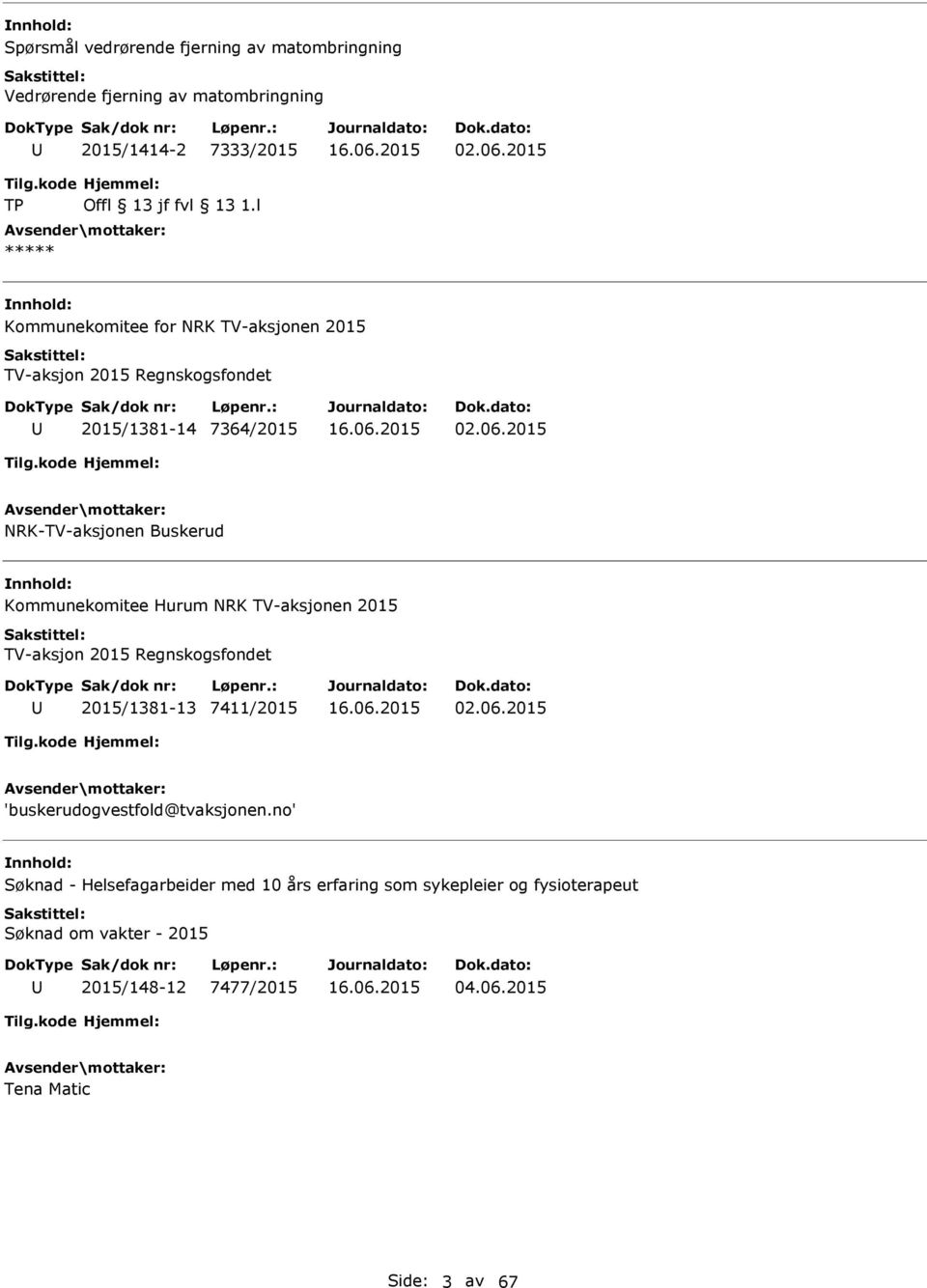 2015 NRK-TV-aksjonen Buskerud Kommunekomitee Hurum NRK TV-aksjonen 2015 TV-aksjon 2015 Regnskogsfondet 2015/1381-13 7411/2015 02.06.