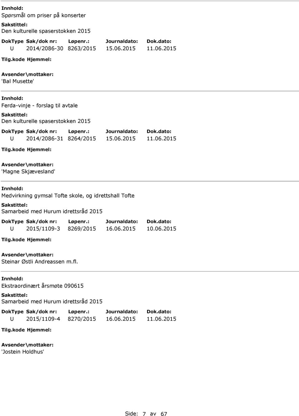 2015 'Magne Skjævesland' Medvirkning gymsal Tofte skole, og idrettshall Tofte Samarbeid med Hurum idrettsråd 2015 2015/1109-3