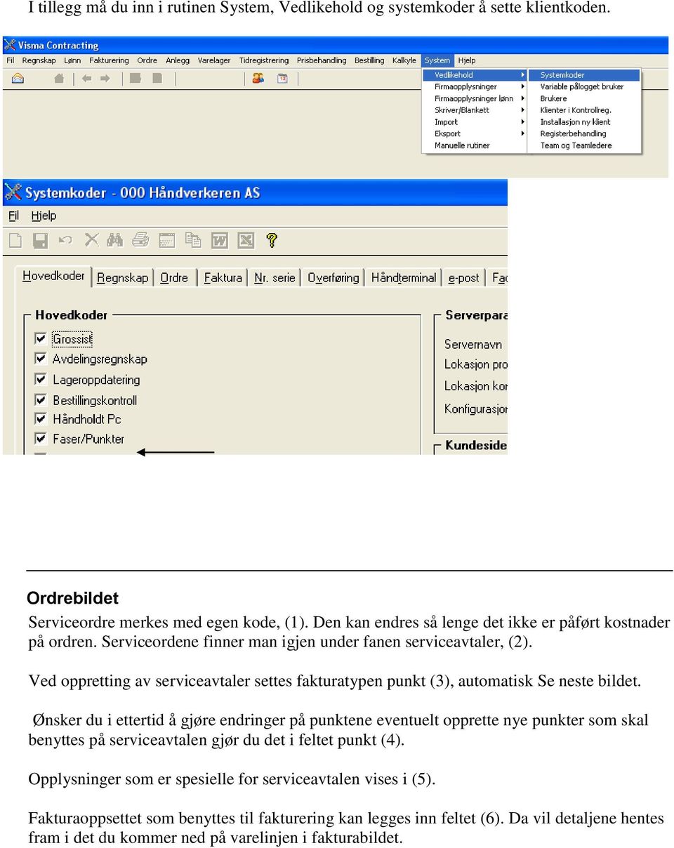 Ved oppretting av serviceavtaler settes fakturatypen punkt (3), automatisk Se neste bildet.