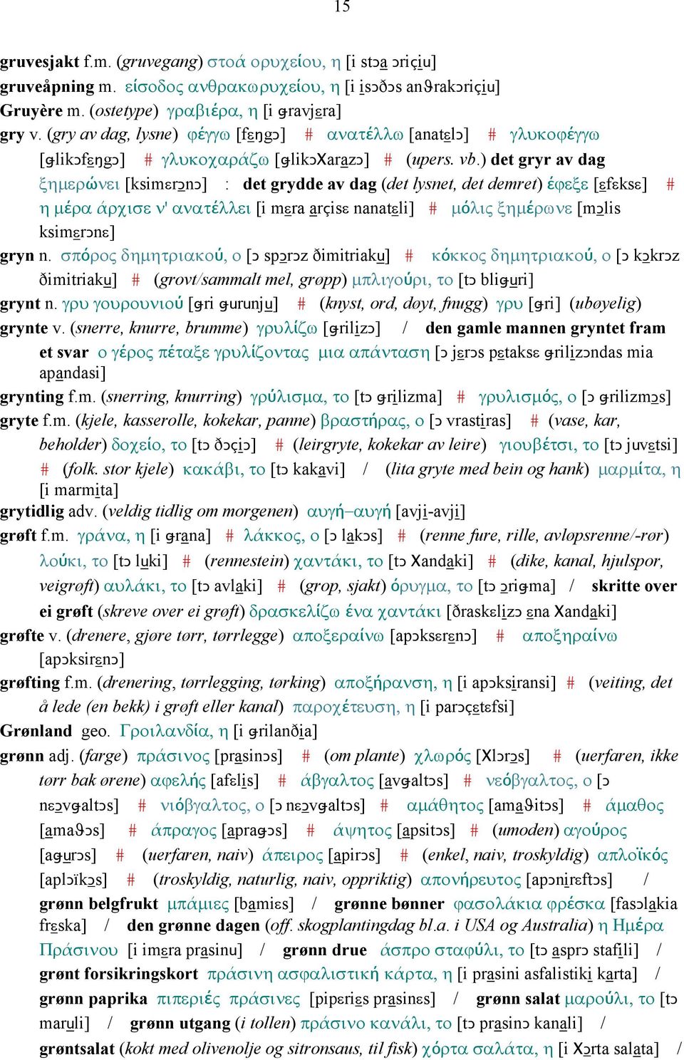 ) det gryr av dag ξηµερώνει [ksimεrǥnǥ] : det grydde av dag (det lysnet, det demret) έϕεξε [εfεksε] # η µέρα άρχισε ν' ανατέλλει [i mεra arçisε nanatεli] # µόλις ξηµέρωνε [mǥlis ksimεrǥnε] gryn n.