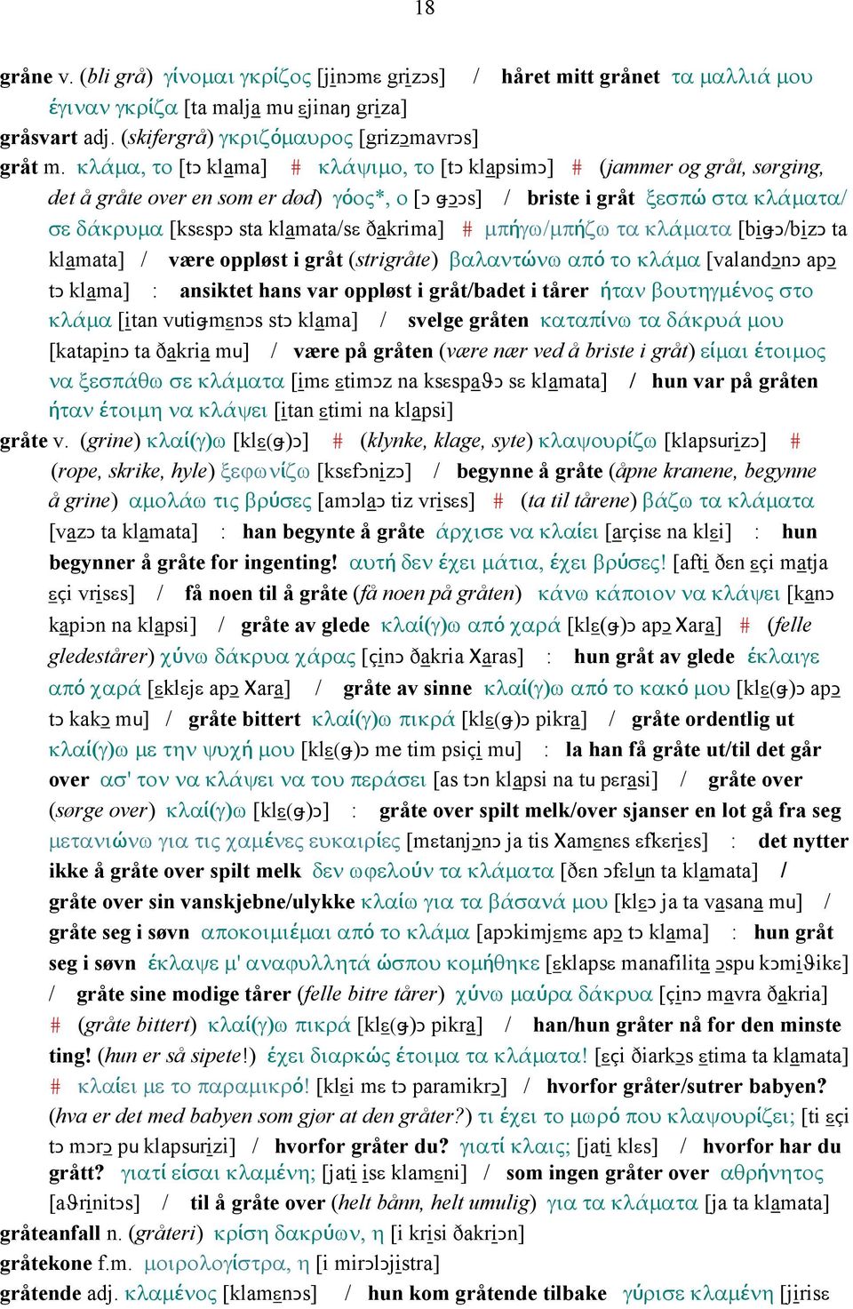 ðakrima] # µπήγω/µπήζω τα κλάµατα [biǅǥ/bizǥ ta klamata] / være oppløst i gråt (strigråte) βαλαντώνω από το κλάµα [valandǥnǥ apǥ tǥ klama] : ansiktet hans var oppløst i gråt/badet i tårer ήταν