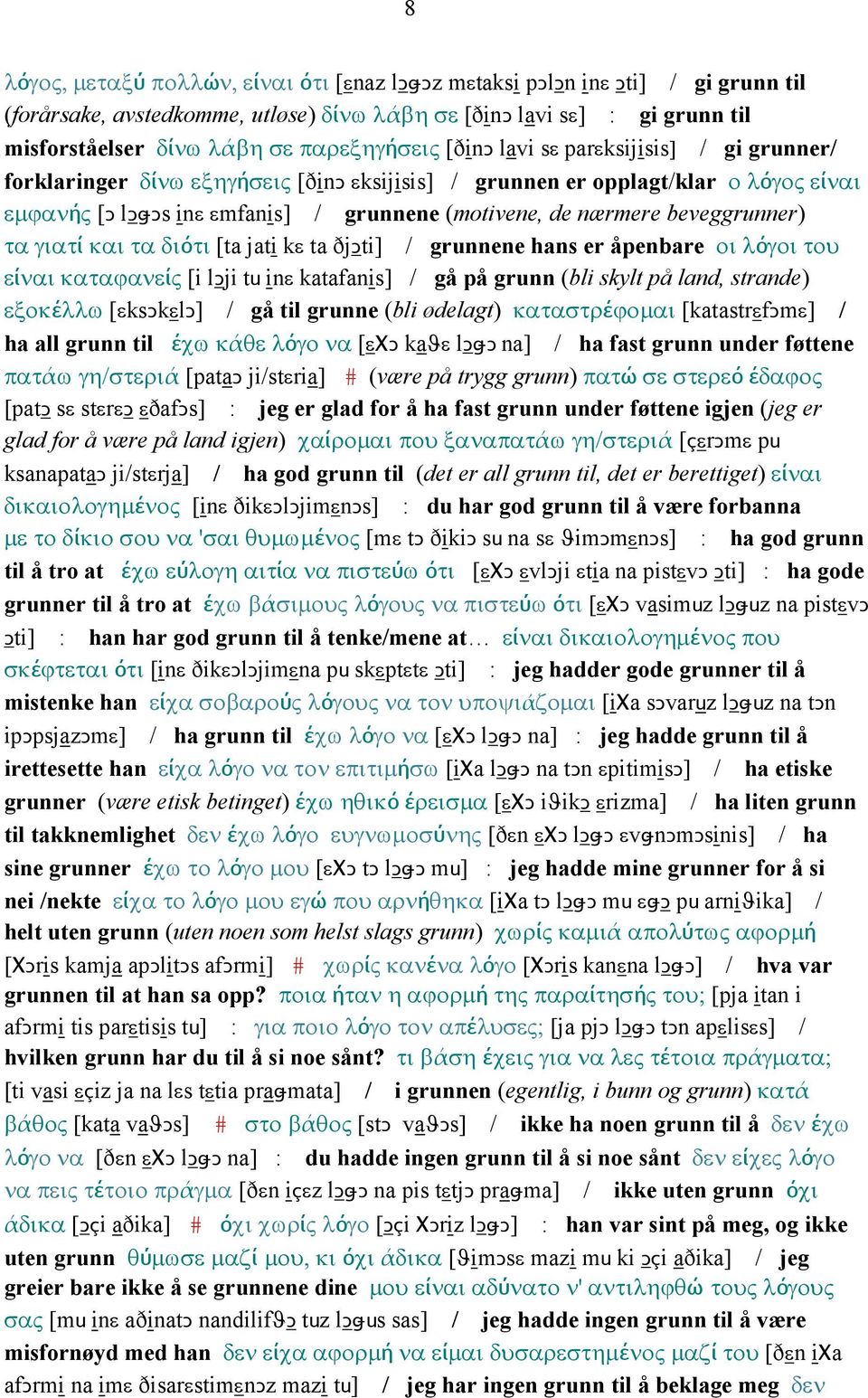 nærmere beveggrunner) τα γιατί και τα διότι [ta jati kε ta ðjǥti] / grunnene hans er åpenbare οι λόγοι του είναι καταϕανείς [i lǥji tu inε katafanis] / gå på grunn (bli skylt på land, strande)