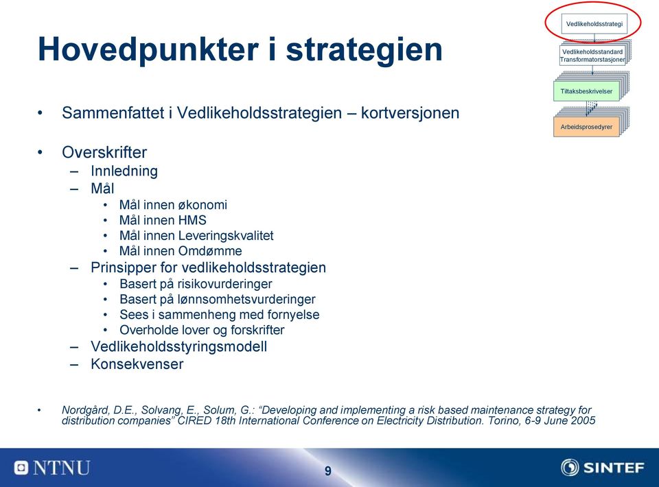 risikovurderinger Basert på lønnsomhetsvurderinger Sees i sammenheng med fornyelse Overholde lover og forskrifter Vedlikeholdsstyringsmodell Konsekvenser Nordgård, D.E.