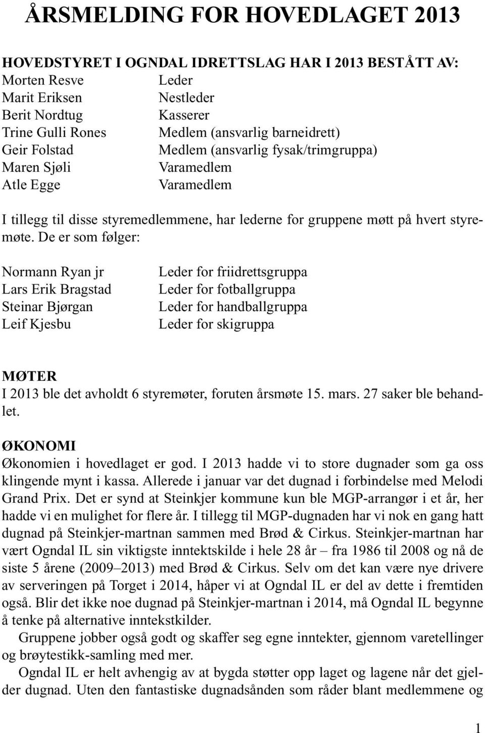 De er som følger: Normann Ryan jr Lars Erik Bragstad Steinar Bjørgan Leif Kjesbu Leder for friidrettsgruppa Leder for fotballgruppa Leder for handballgruppa Leder for skigruppa MØTER I 2013 ble det