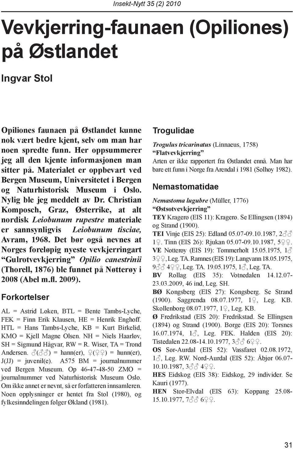 Christian Komposch, Graz, Østerrike, at alt nordisk Leiobunum rupestre materiale er sannsynligvis Leiobunum tisciae, Avram, 1968.