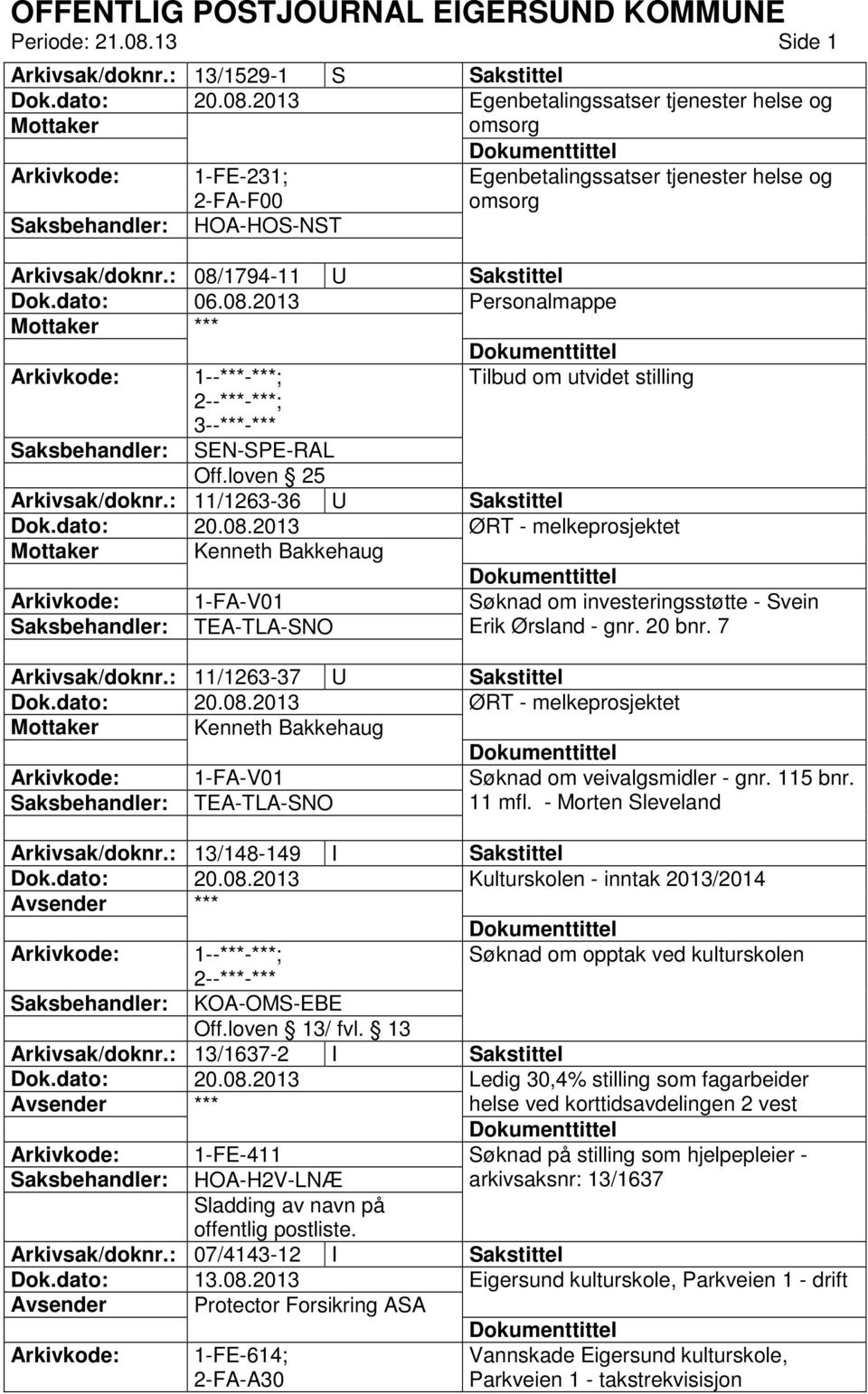 : 08/1794-11 U Sakstittel Dok.dato: 06.08.2013 Tilbud om utvidet stilling SEN-SPE-RAL Arkivsak/doknr.