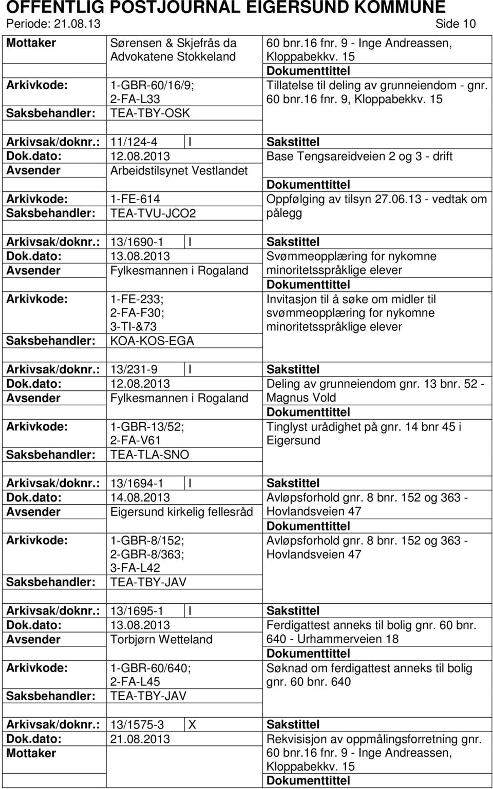 2013 Base Tengsareidveien 2 og 3 - drift Avsender Arbeidstilsynet Vestlandet 1-FE-614 Oppfølging av tilsyn 27.06.13 - vedtak om TEA-TVU-JCO2 pålegg Arkivsak/doknr.: 13/1690-1 I Sakstittel Dok.