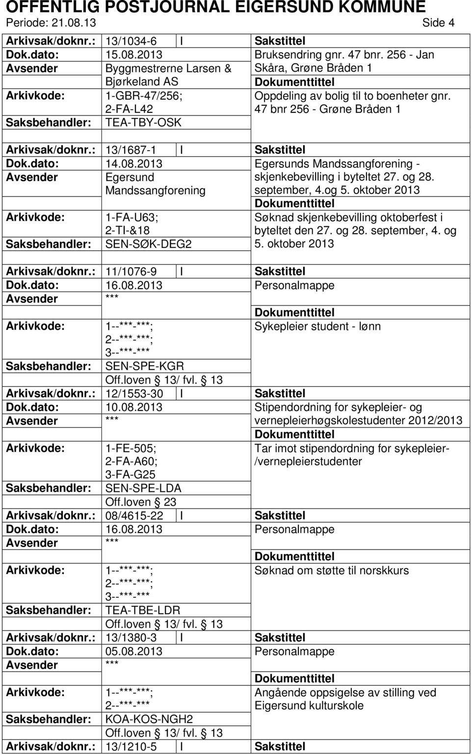 : 13/1687-1 I Sakstittel Dok.dato: 14.08.2013 Egersunds Mandssangforening - Avsender Egersund Mandssangforening skjenkebevilling i byteltet 27. og 28. september, 4.og 5.