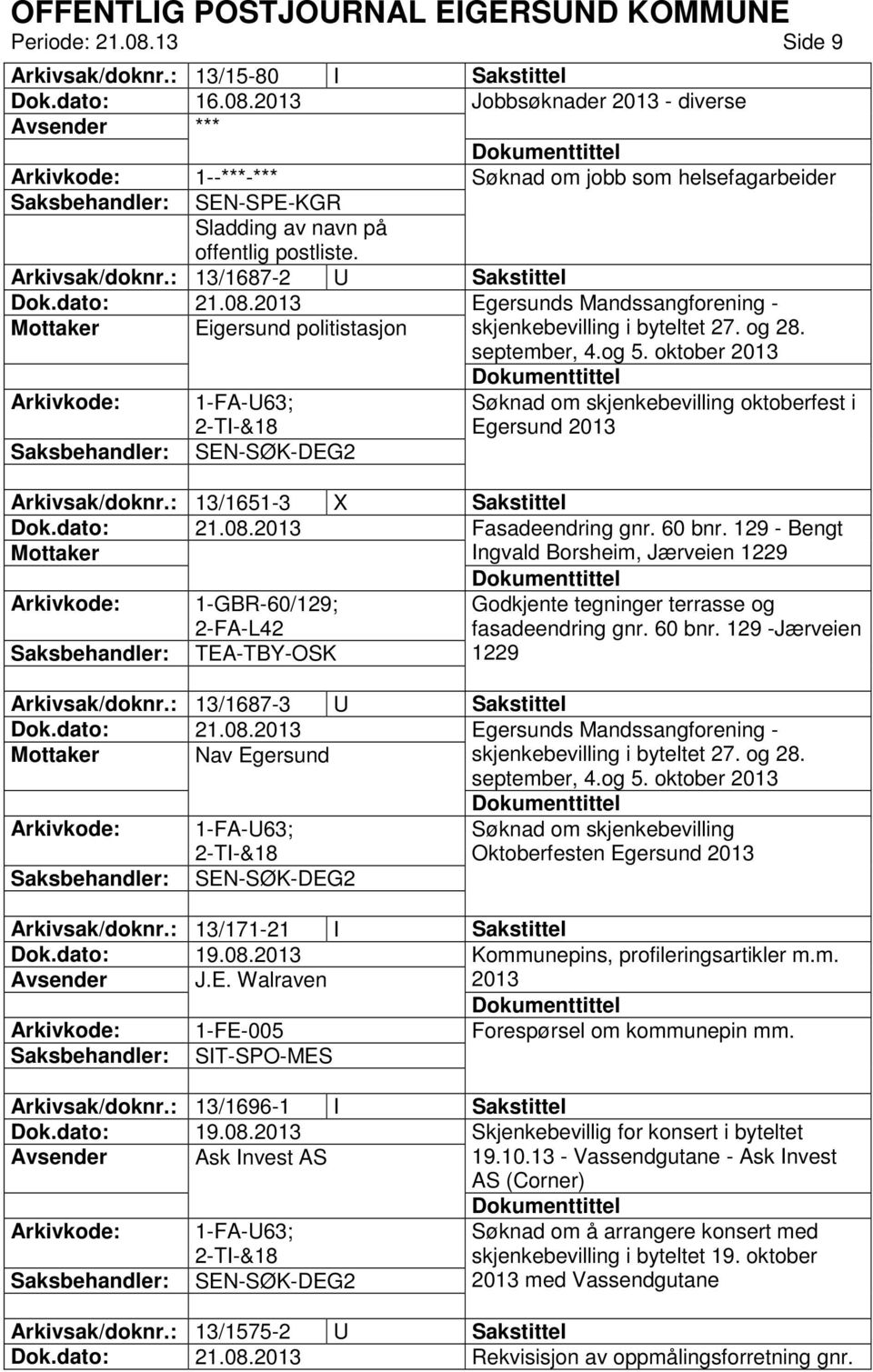 oktober 2013 1-FA-U63; 2-TI-&18 Søknad om skjenkebevilling oktoberfest i Egersund 2013 SEN-SØK-DEG2 Arkivsak/doknr.: 13/1651-3 X Sakstittel Fasadeendring gnr. 60 bnr.