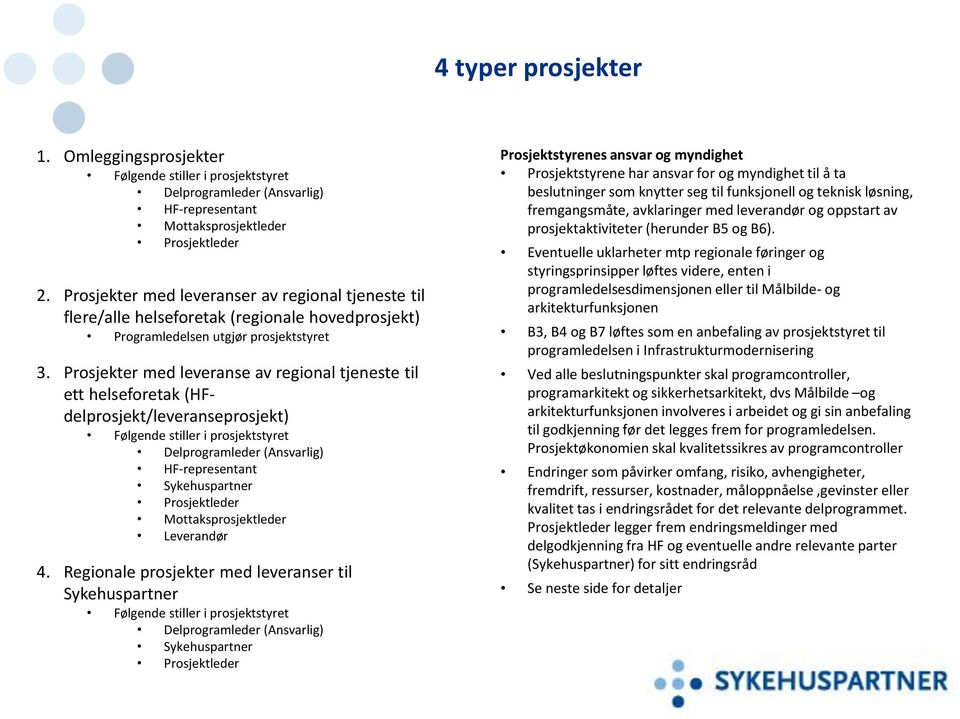 Prosjekter med leveranse av regional tjeneste til ett helseforetak (HFdelprosjekt/leveranseprosjekt) Følgende stiller i prosjektstyret Delprogramleder (Ansvarlig) HF-representant Sykehuspartner