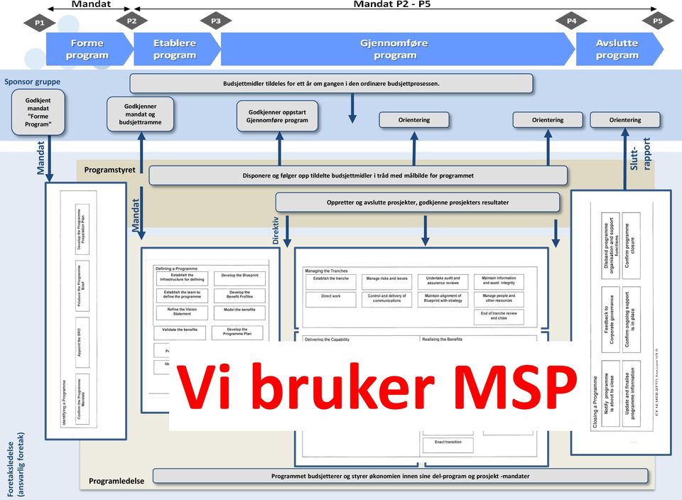 Godkjent mandat Forme Program Godkjenner mandat og budsjettramme Godkjenner oppstart Gjennomføre program Orientering Orientering Orientering