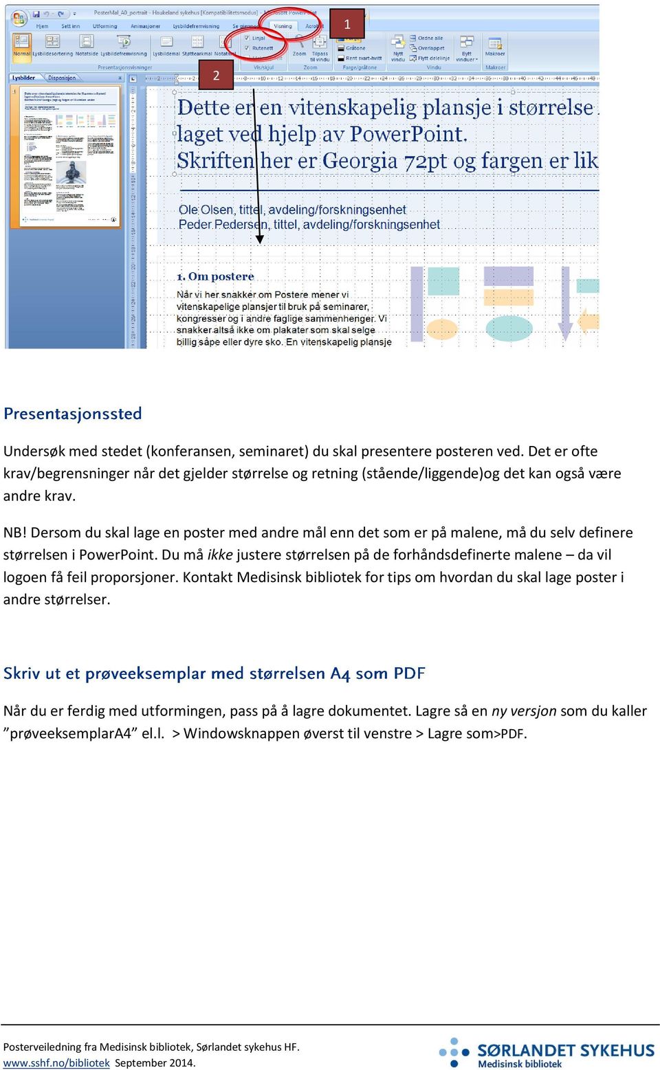 Dersom du skal lage en poster med andre mål enn det som er på malene, må du selv definere størrelsen i PowerPoint.